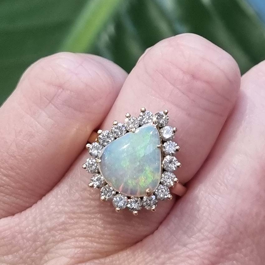 Cabochon Opal and Diamond Pear Shaped Cluster Ring