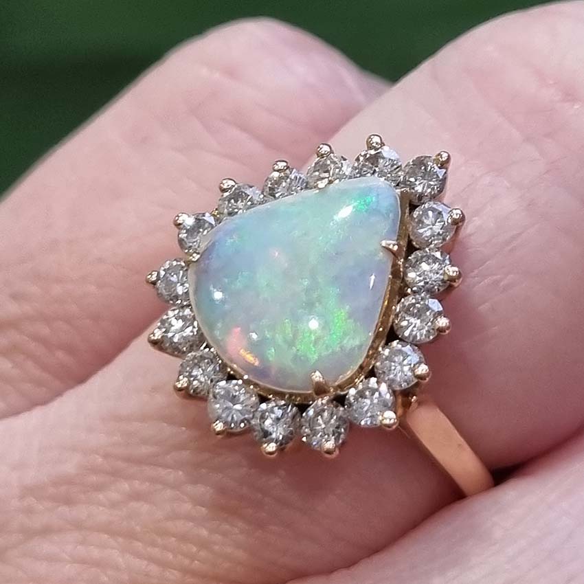 Cabochon Opal and Diamond Pear Shaped Cluster Ring