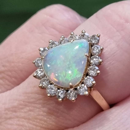 Cabochon Opal and Diamond Pear Shaped Cluster Ring