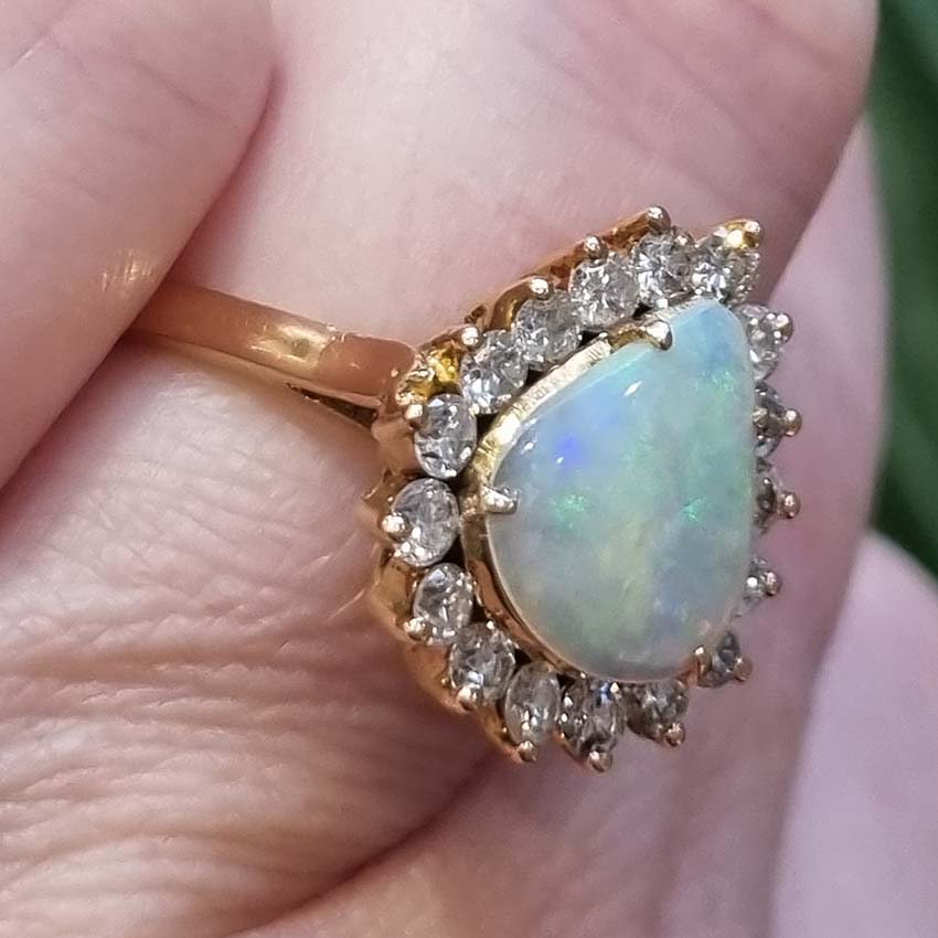 Cabochon Opal and Diamond Pear Shaped Cluster Ring