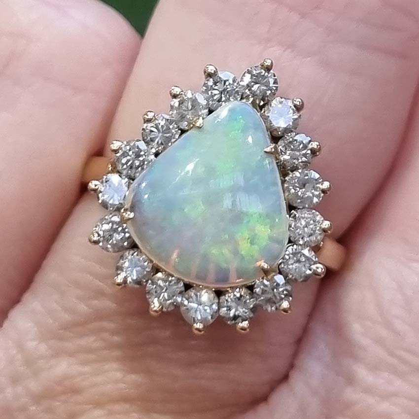 Cabochon Opal and Diamond Pear Shaped Cluster Ring