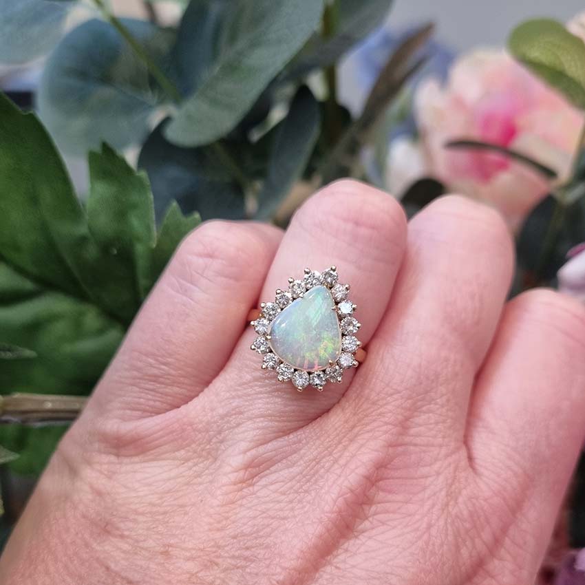 925 Sterling Silver Simulated Opal Ring - Pear Teardrop Cut, Oxidized Silver Women's Statement Ring