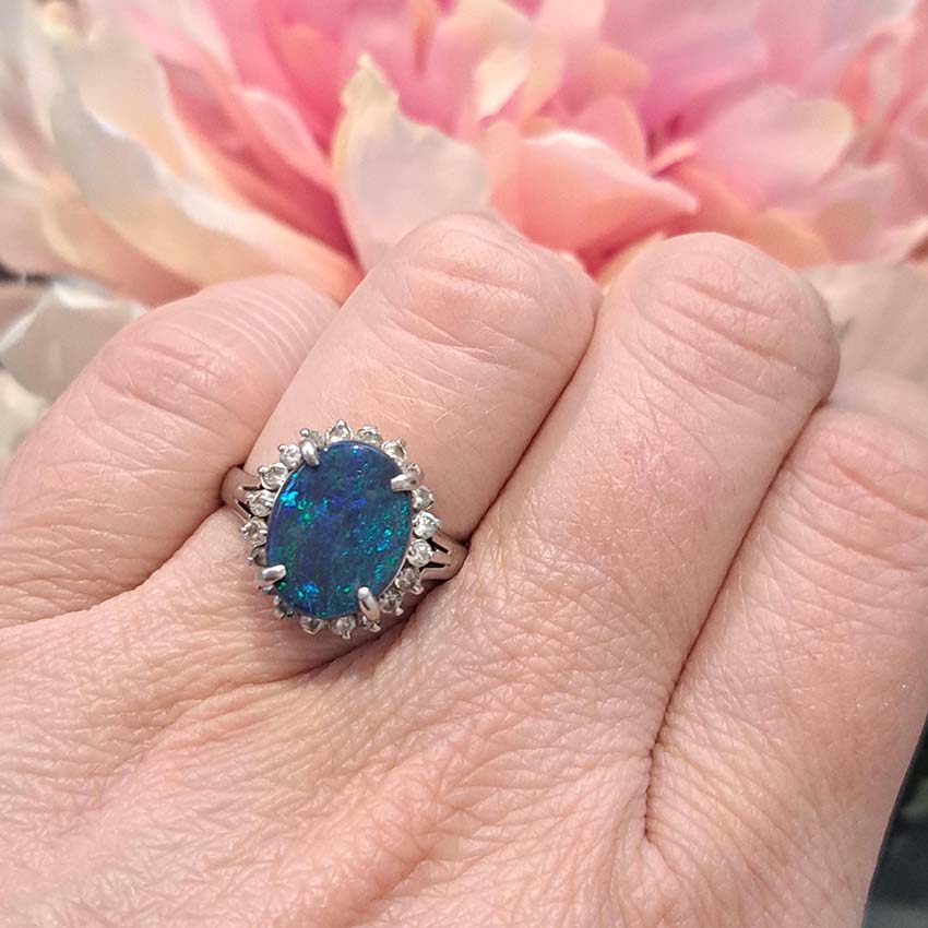 2.58ct Black Opal and Diamond Cluster Ring