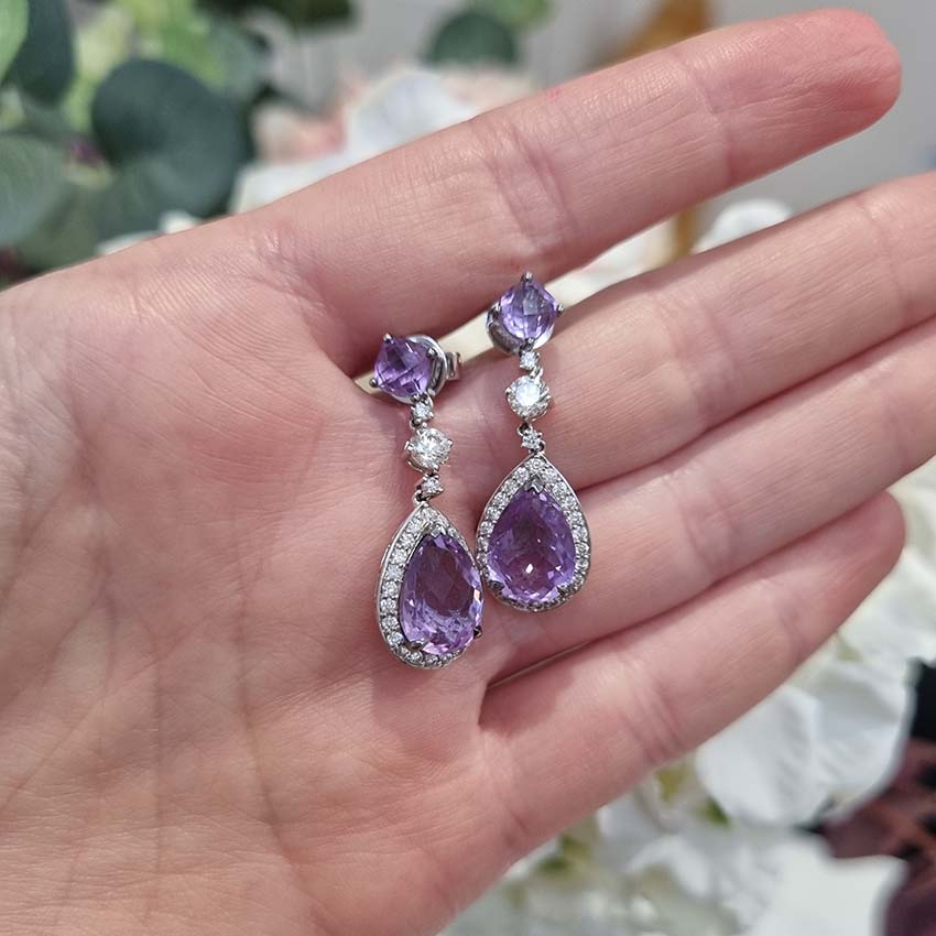 Amethyst and Diamond Pear Shaped Cluster Drop Earrings