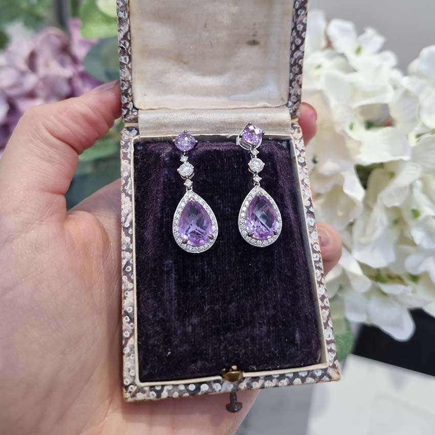 Amethyst and Diamond Pear Shaped Cluster Drop Earrings