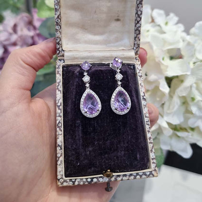 Amethyst and Diamond Pear Shaped Cluster Drop Earrings