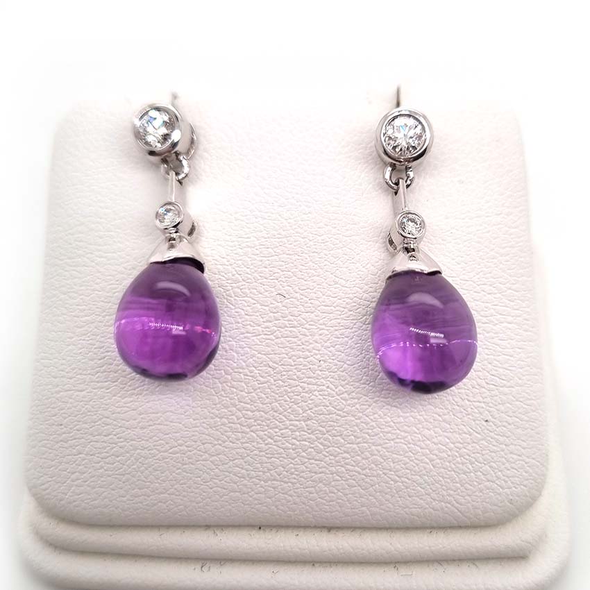 Teardrop Cabochon Amethyst and Diamond Drop Earrings