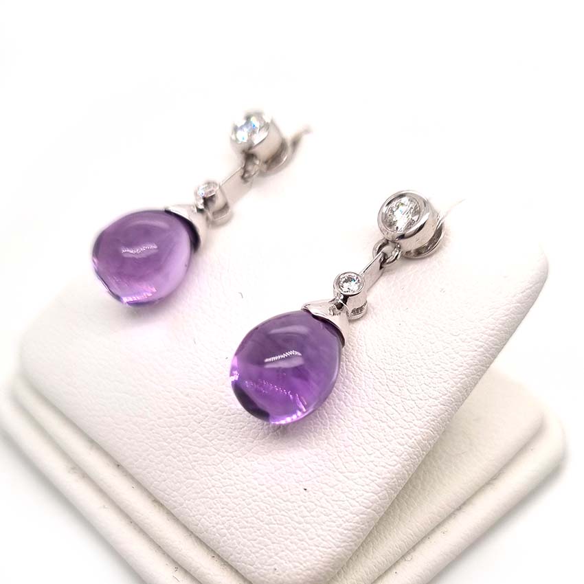 Teardrop Cabochon Amethyst and Diamond Drop Earrings