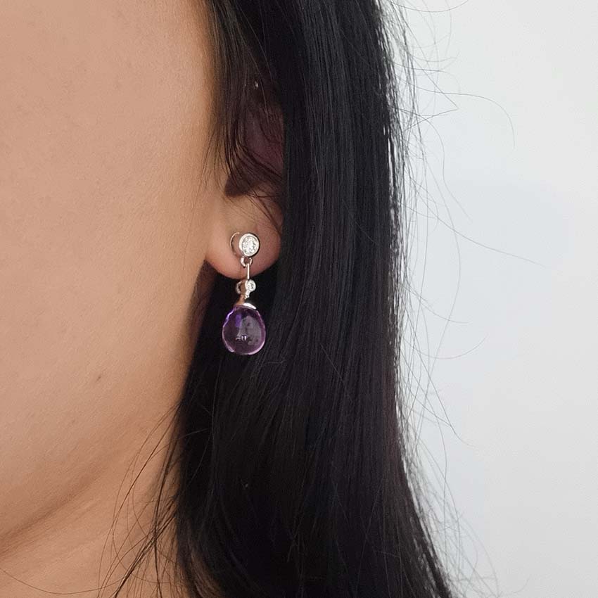 Teardrop Cabochon Amethyst and Diamond Drop Earrings