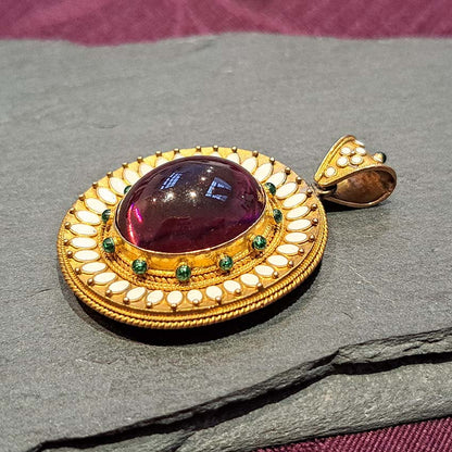 Antique Archaeological Revival Garnet Enamel and Gold Pendant