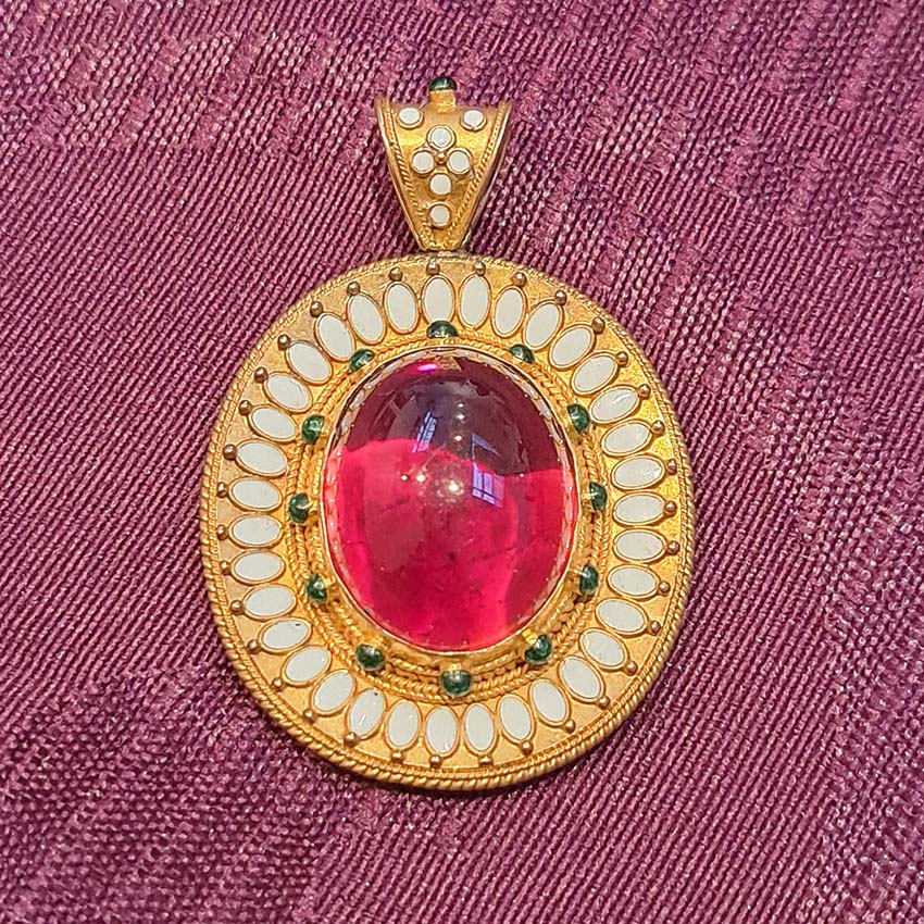 Antique Archaeological Revival Garnet Enamel and Gold Pendant