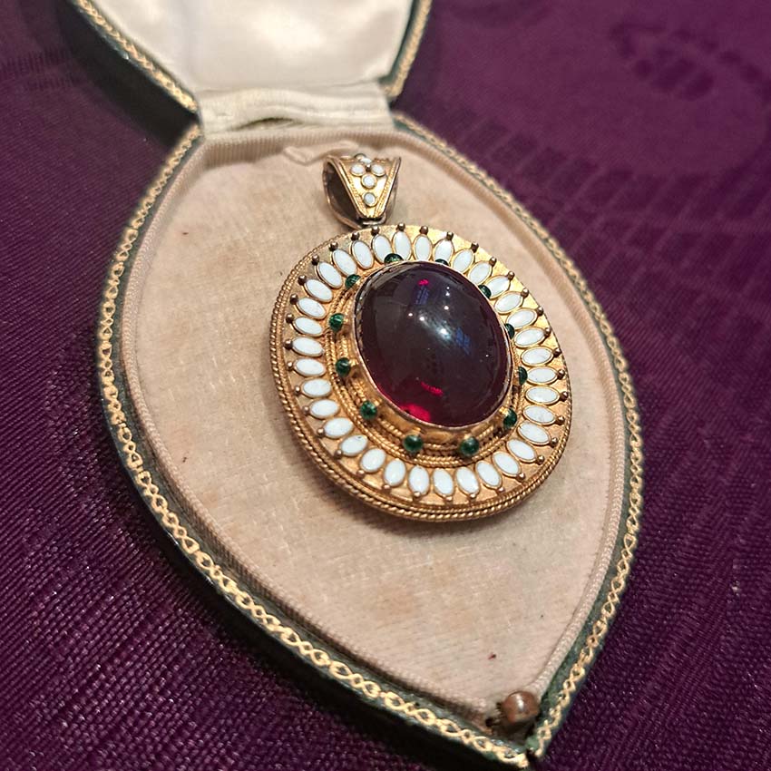 Antique Archaeological Revival Garnet Enamel and Gold Pendant
