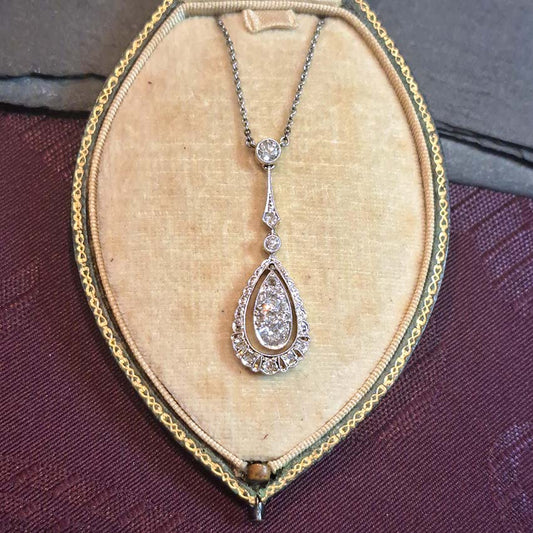 Edwardian Antique 1.20ct Old Cut Diamond Teardrop Cluster Pendant in Platinum and 18ct Gold