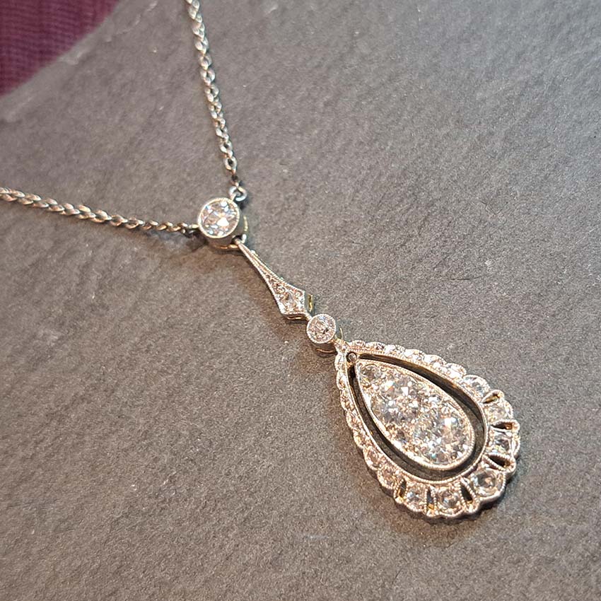 Edwardian Antique Old Cut Diamond Teardrop Cluster Pendant