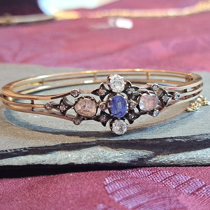 Antique Victorian Natural Sapphire and Diamond Bangle Bracelet