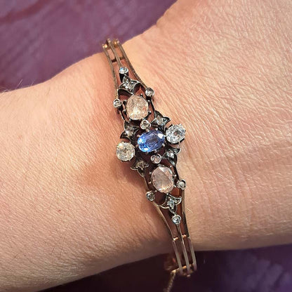 Antique Victorian Natural Sapphire and Diamond Bangle Bracelet