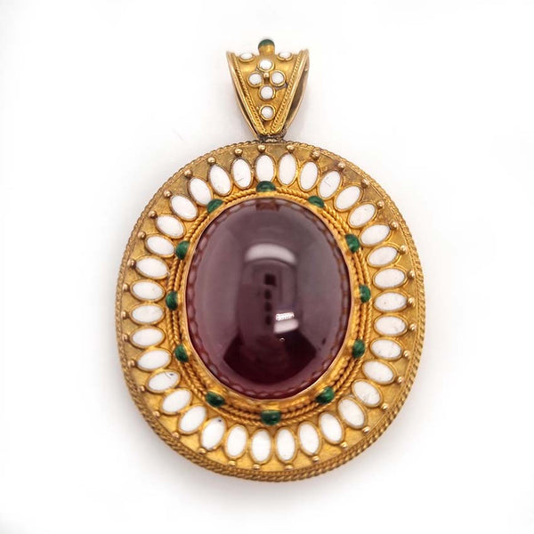 Antique Archaeological Revival Garnet Enamel and Gold Pendant