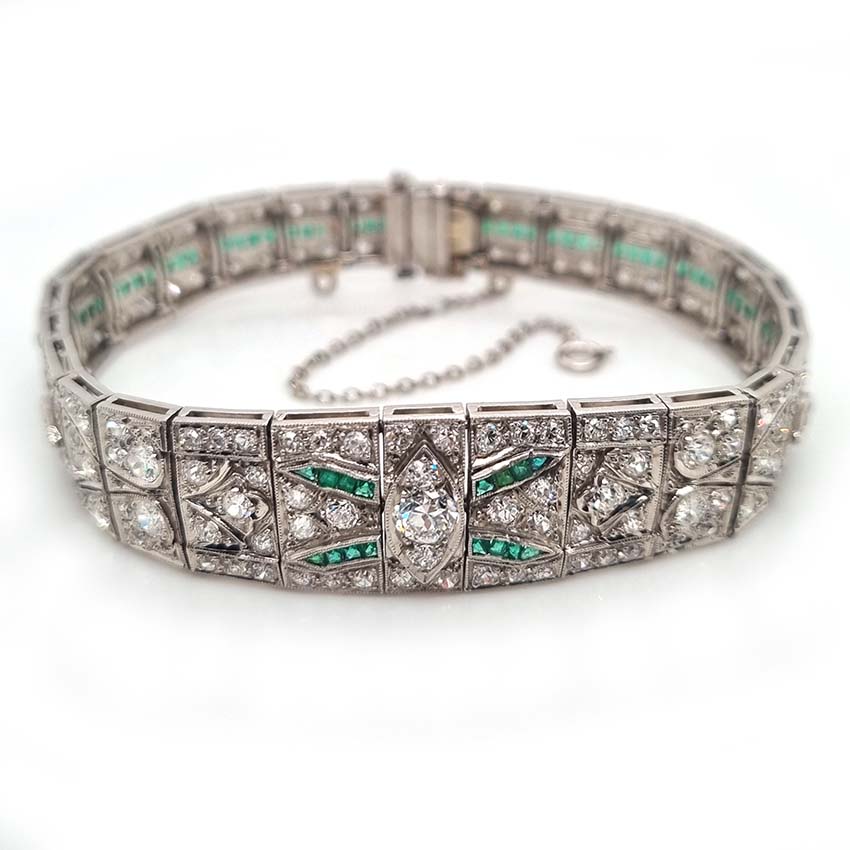 Art Deco 5ct Old Cut Diamond and Emerald Bracelet