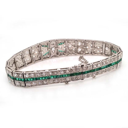 Art Deco 5ct Old Cut Diamond and Emerald Bracelet