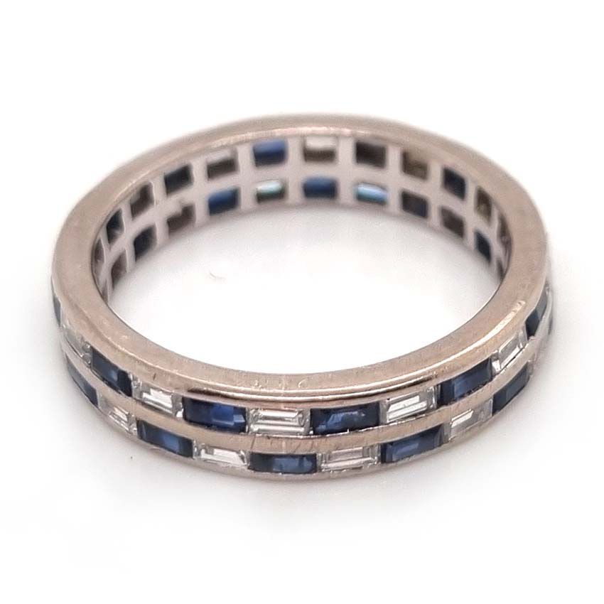 Art Deco Sapphire and Diamond Two Row Chequerboard 18ct White Gold Full Eternity Band Ring, alternating baguette-cut sapphires and diamonds, Circa 1930
