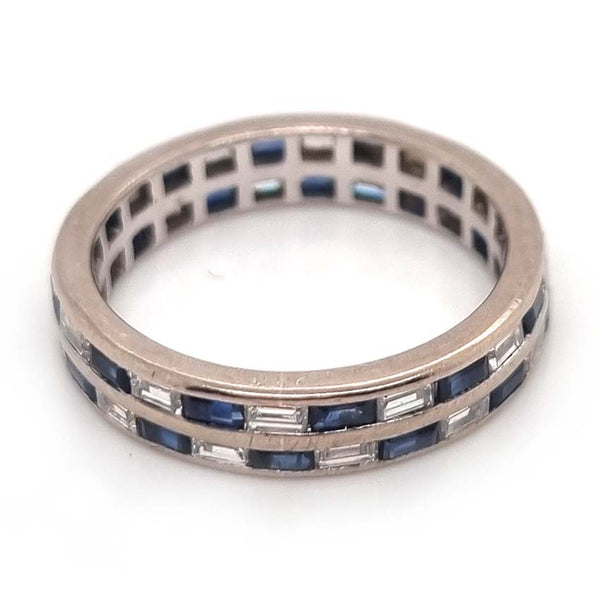 Art Deco Sapphire and Diamond Two Row Chequerboard 18ct White Gold Full Eternity Band Ring, alternating baguette-cut sapphires and diamonds, Circa 1930