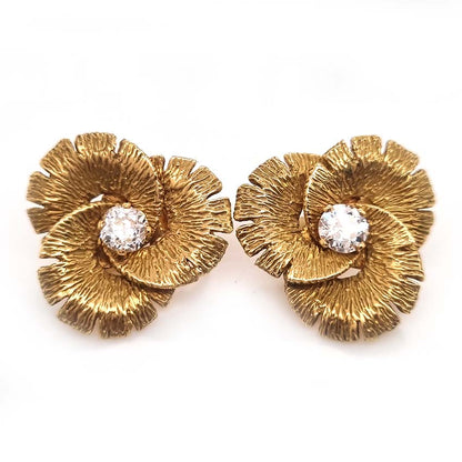 Vintage 1.20ct Diamond Gold Trefoil Flower Clip Earrings
