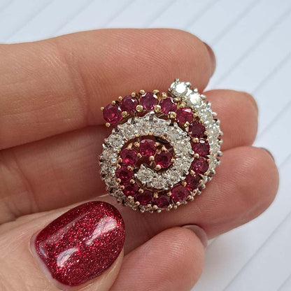 Vintage Italian Burma Ruby and Diamond Swirl Cluster Earrings, predominately no heat unheated untreated