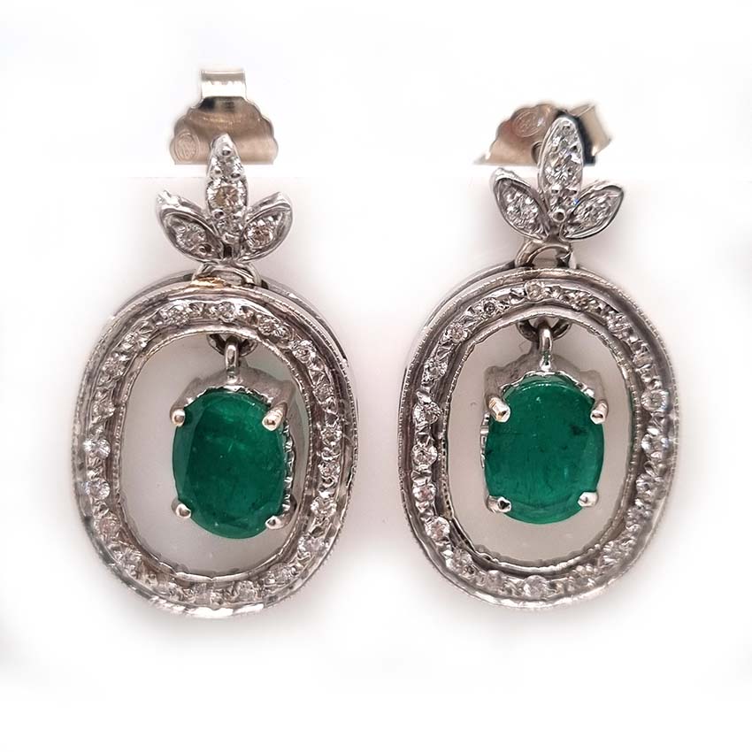 Vintage 1.7ct Emerald and Diamond Oval Cluster Drop Earrings