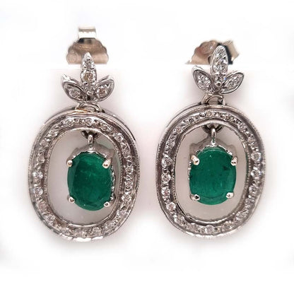 Vintage 1.7ct Emerald and Diamond Oval Cluster Drop Earrings