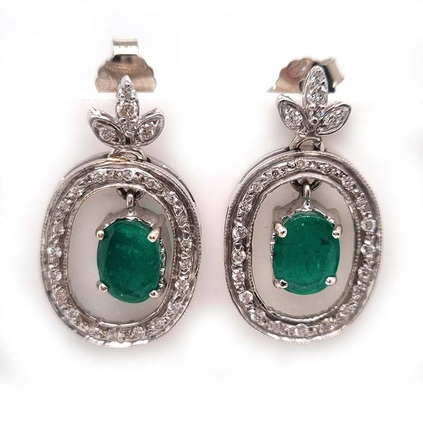 Vintage 1.7ct Emerald and Diamond Oval Cluster Drop Earrings