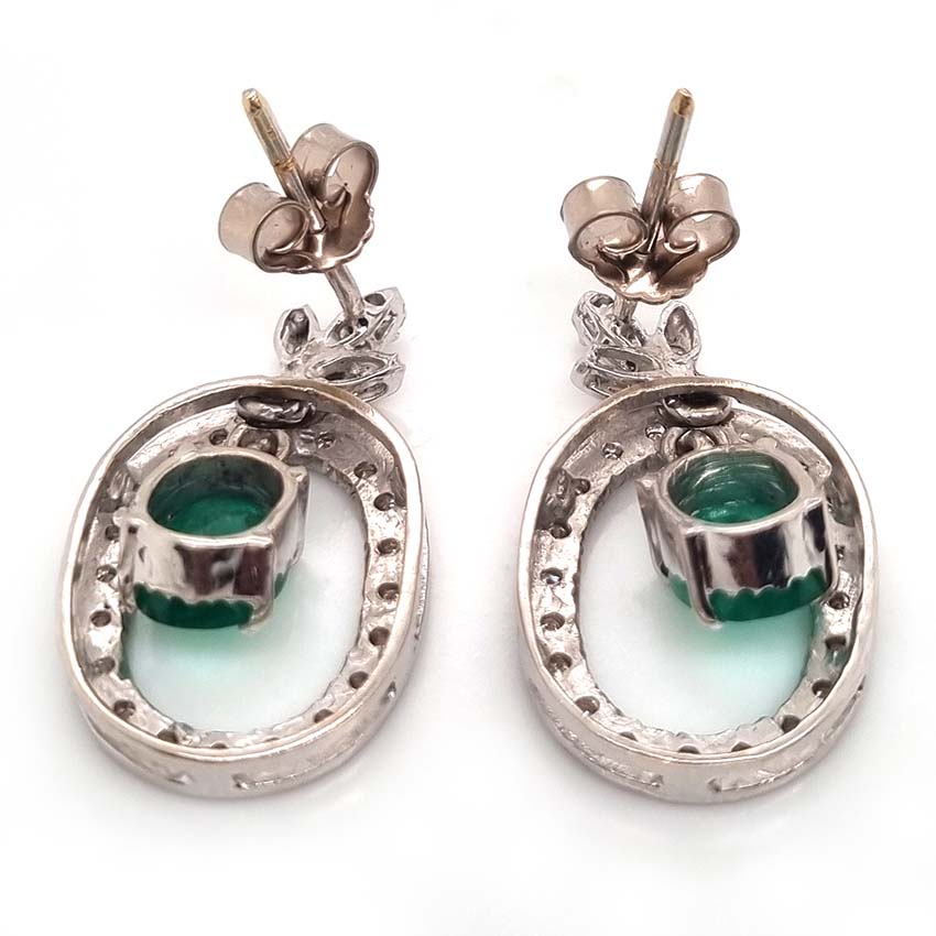 Vintage 1.7ct Emerald and Diamond Oval Cluster Drop Earrings