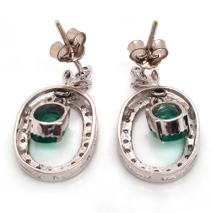 Vintage 1.7ct Emerald and Diamond Oval Cluster Drop Earrings