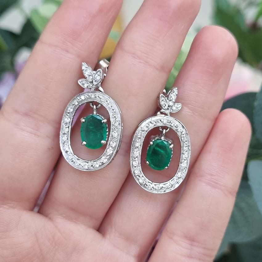 Vintage 1.7ct Emerald and Diamond Oval Cluster Drop Earrings