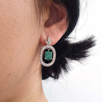 Vintage 1.7ct Emerald and Diamond Oval Cluster Drop Earrings