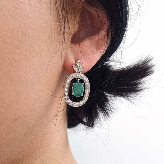 Vintage 1.7ct Emerald and Diamond Oval Cluster Drop Earrings