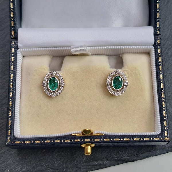 Contemporary Emerald and Diamond Oval Cluster Stud Earrings