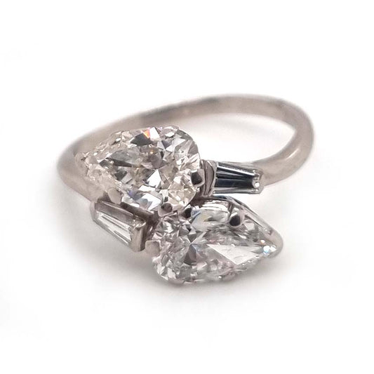 Art Deco Pear Diamond Toi et Moi Crossover Engagement Ring