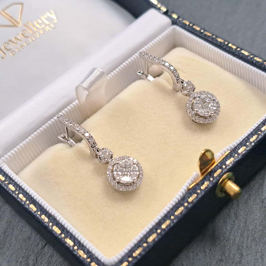Diamond Cluster Drop Earrings in 18ct Gold, 1.42 carats