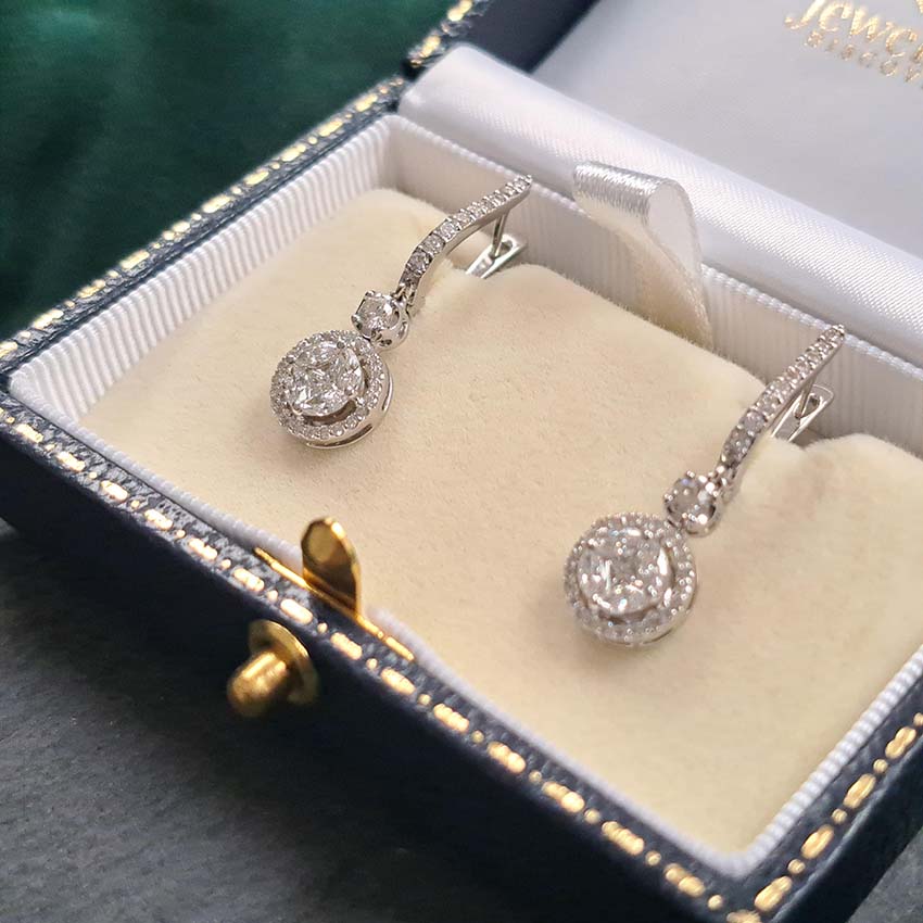 Diamond Cluster Drop Earrings in 18ct Gold, 1.42 carats