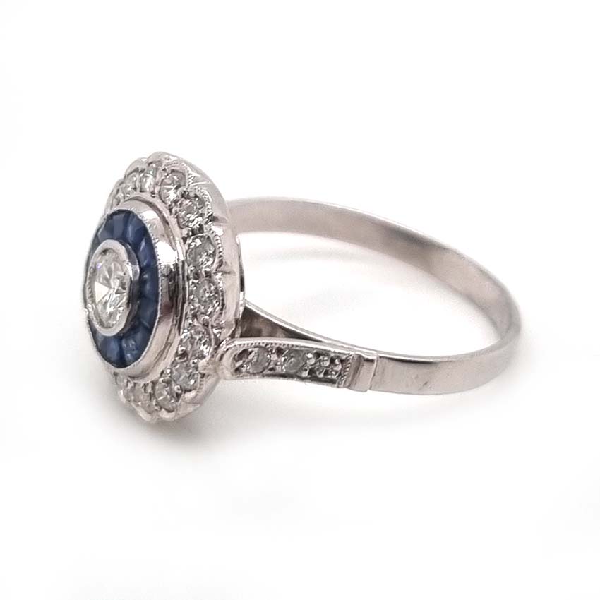 Diamond and Sapphire Target Cluster Engagement Ring