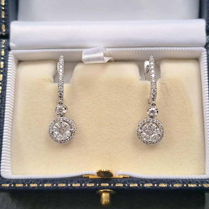 Diamond Cluster Drop Earrings in 18ct Gold, 1.42 carats