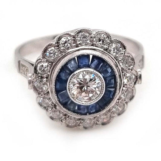 Diamond and Sapphire Target Cluster Engagement Ring