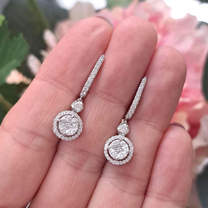 Diamond Cluster Drop Earrings in 18ct Gold, 1.42 carats