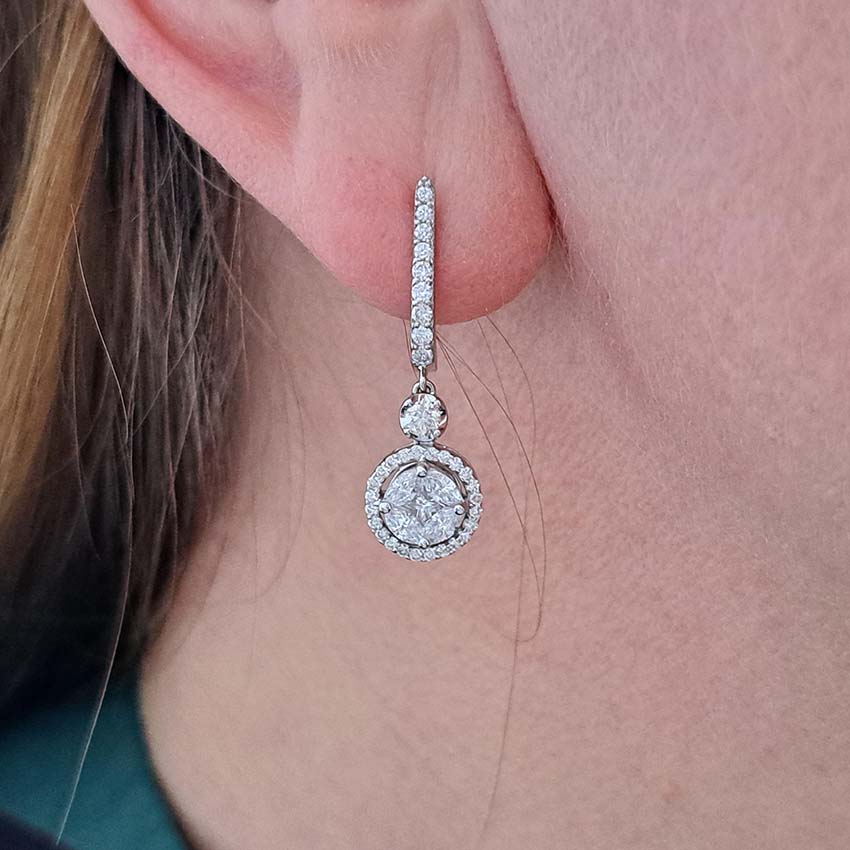 Diamond Cluster Drop Earrings in 18ct Gold, 1.42 carats