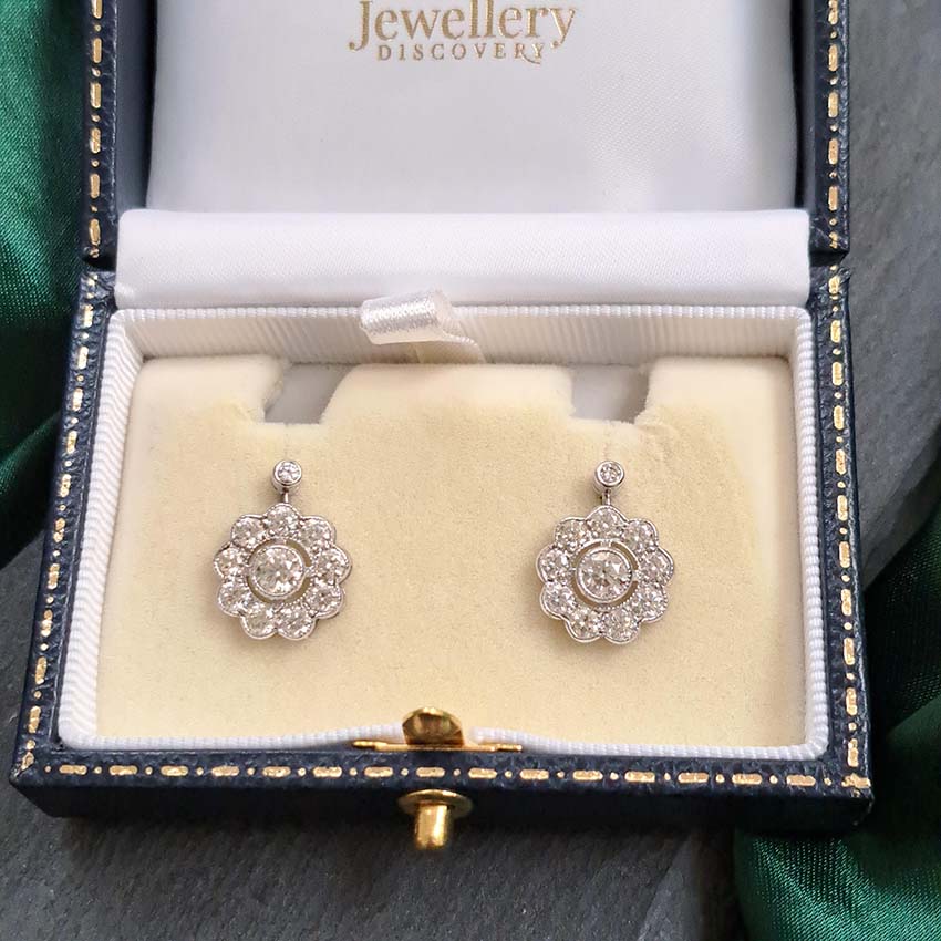 Diamond Daisy Cluster Drop Earrings, 2.10 carats