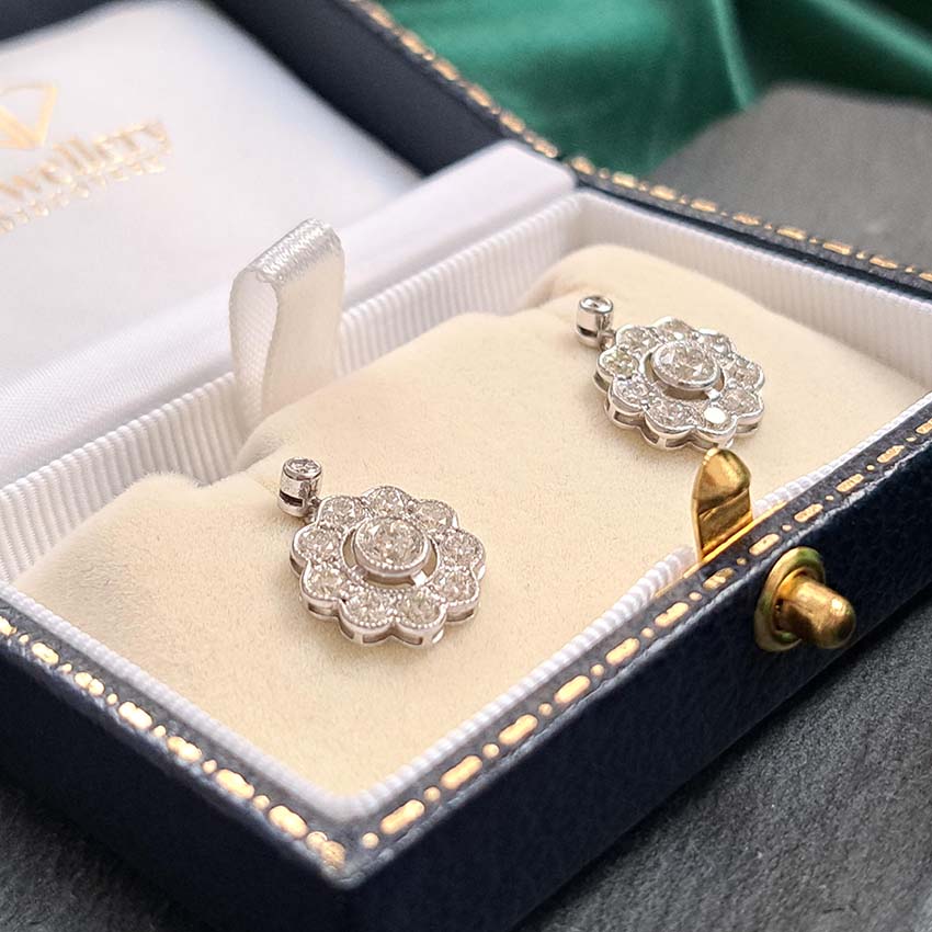 Diamond Daisy Cluster Drop Earrings, 2.10 carats