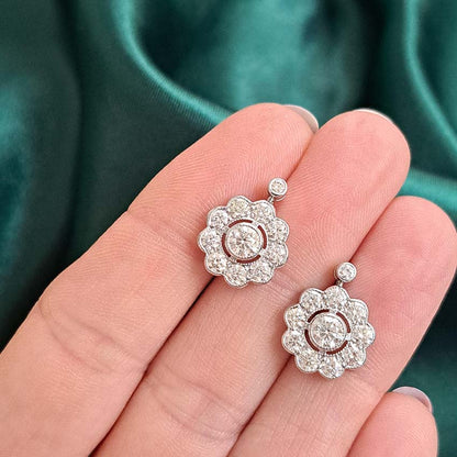 Diamond Daisy Cluster Drop Earrings, 2.10 carats