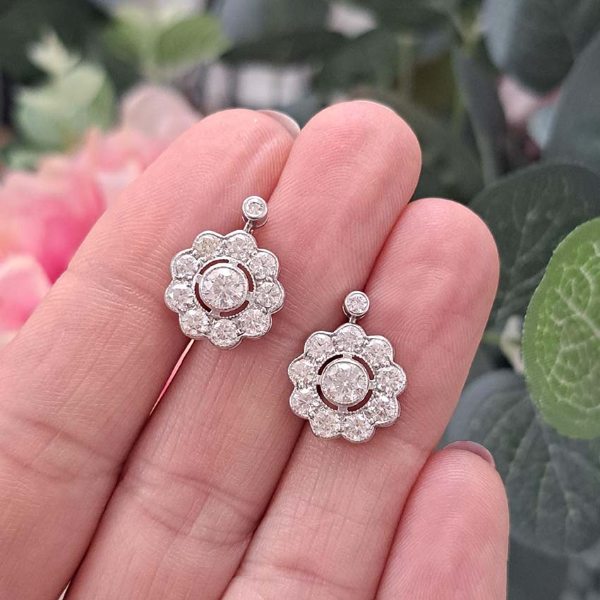 Diamond Daisy Cluster Drop Earrings, 2.10 carats