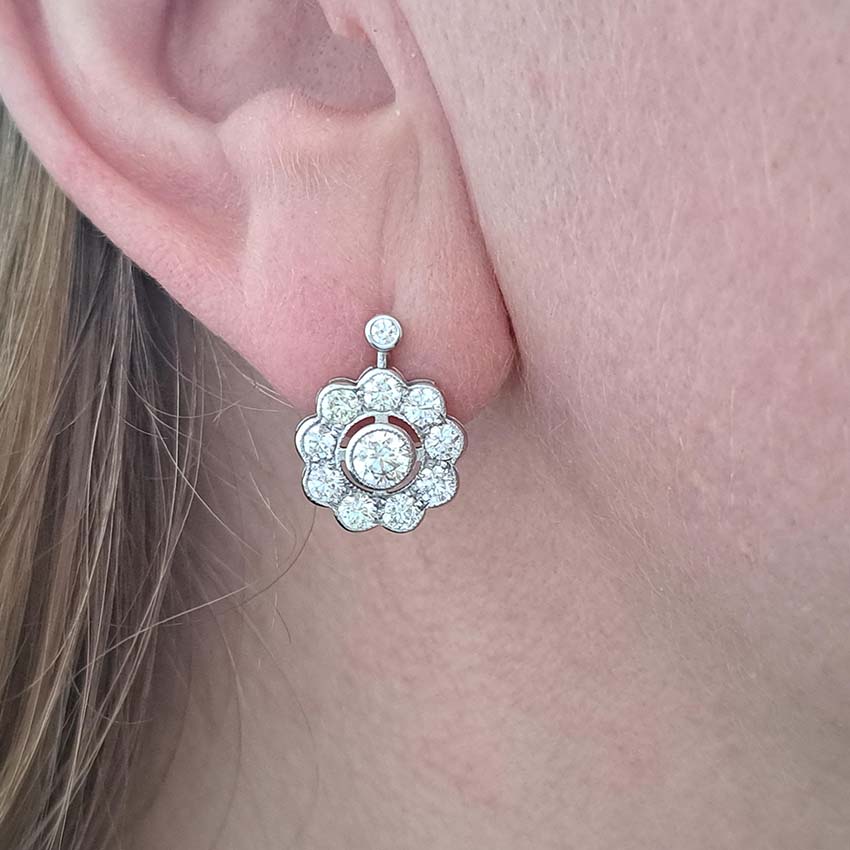 Diamond Daisy Cluster Drop Earrings, 2.10 carats