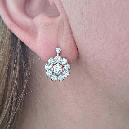 Diamond Daisy Cluster Drop Earrings, 2.10 carats